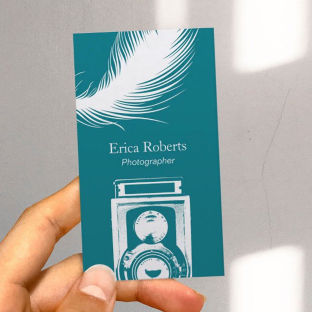 Carte De Visite Photographe Caméra & Plumes Moderne Turquoise (Créateur téléchargé)