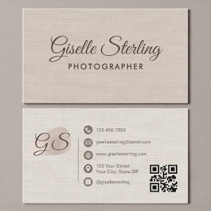Carte De Visite Photographe Code QR Élégant Moderne Lin Beige