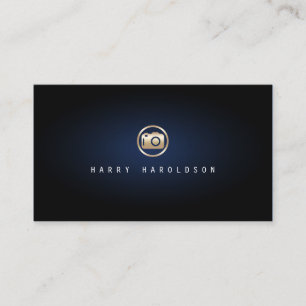 Carte De Visite Photographe Elegant Gold Camera Icon Blue Glow