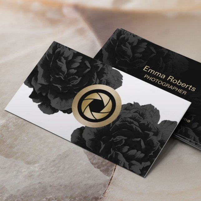 Carte De Visite Photographe Gold Camera Shutter Logo Black Floral (Créateur téléchargé)