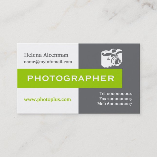 Carte De Visite Photographe gris, blanc, vert accrocheur aux yeux (Devant)