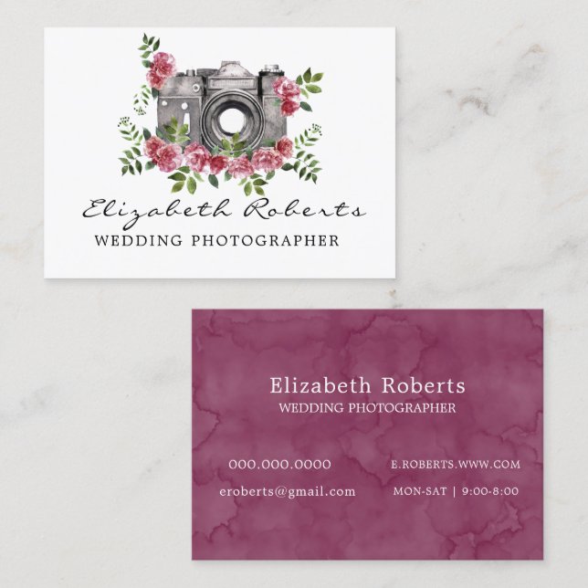 Carte De Visite Photographe Mariage Marsala Chic Floral (Devant / Derrière)
