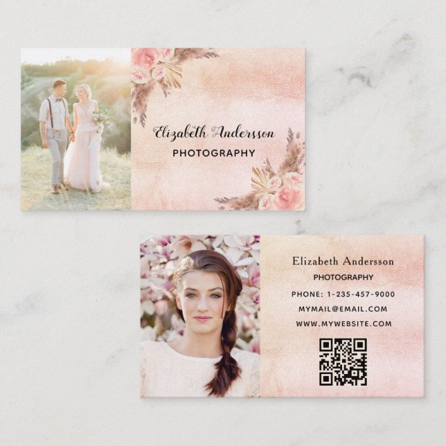 Carte De Visite Photographe mariage pampas herbe code QR (Devant / Derrière)