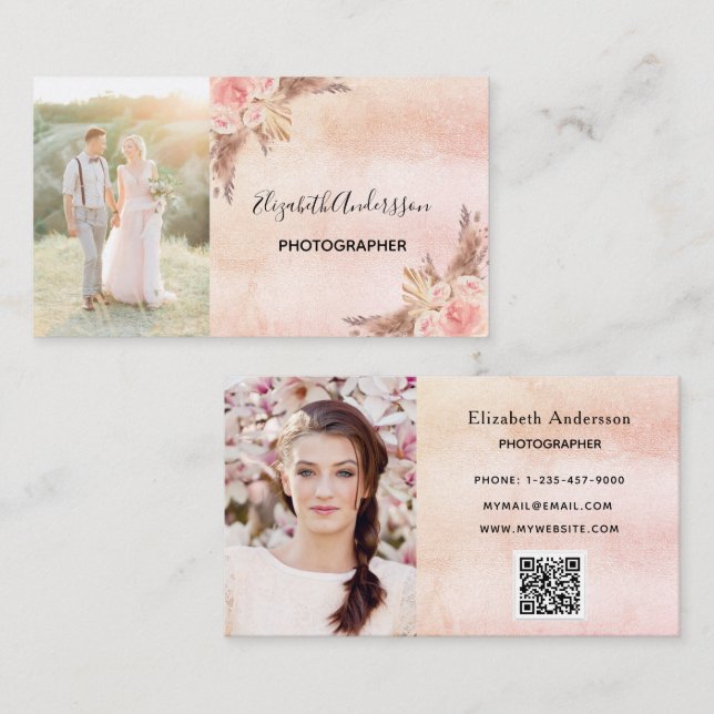 Carte De Visite Photographe mariage pampas herbe code QR (Devant / Derrière)