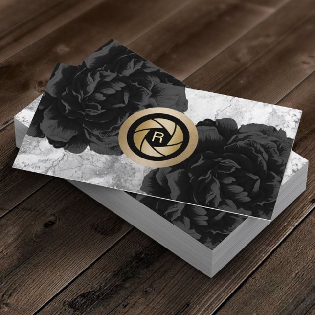 Carte De Visite Photographe Monogram Gold Shutter Black Floral (Créateur téléchargé)