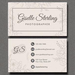 Carte De Visite Photographe Neutre ivoire Floral Élégant Script