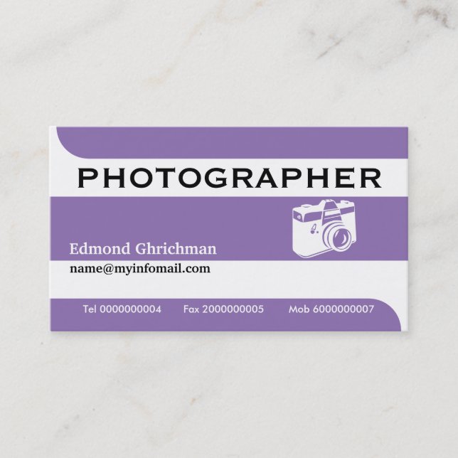 Carte De Visite Photographe professionnel violet et blanc (Devant)