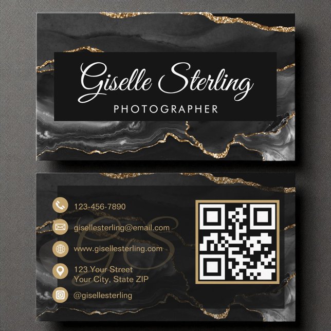 Carte De Visite Photographe QR Code Black Gold Agate Luxe Luxe (Créateur téléchargé)
