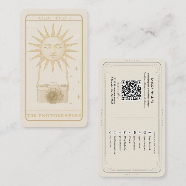 Carte De Visite Photographe Sun Tarot Photographe Social Media QR (Devant / Derrière)
