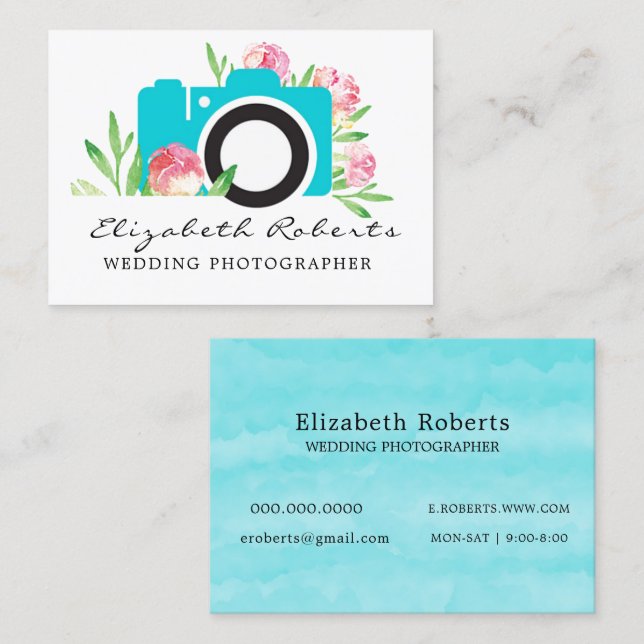 Carte De Visite Photographe Turquoise Chic Rose Caméra Mariage (Devant / Derrière)