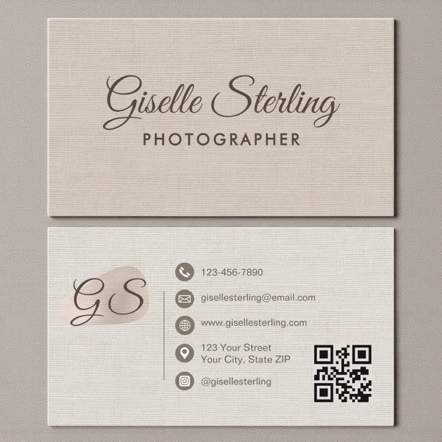 Carte De Visite Photographer Beige Linen Modern Elegant QR Code (Créateur téléchargé)
