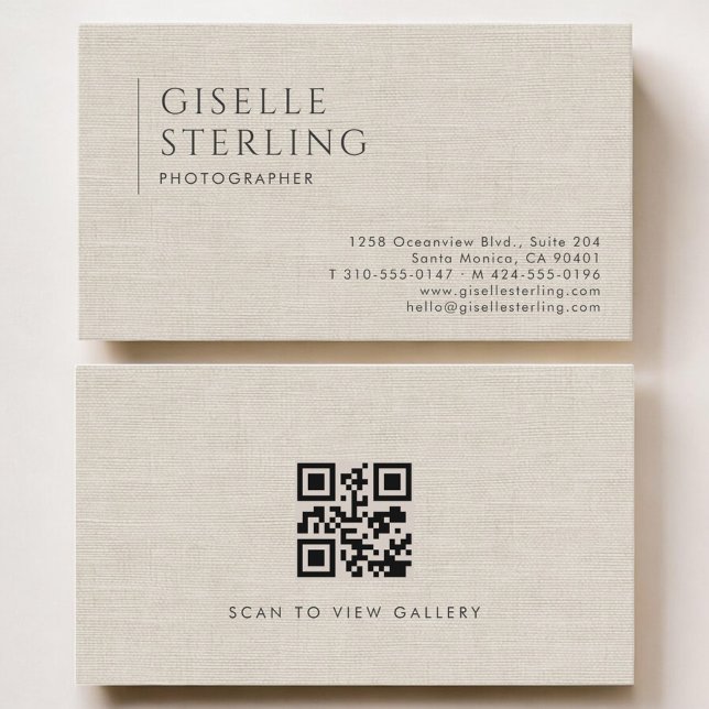 Carte De Visite Photographer Luxury Neutral Linen QR Code (Créateur téléchargé)