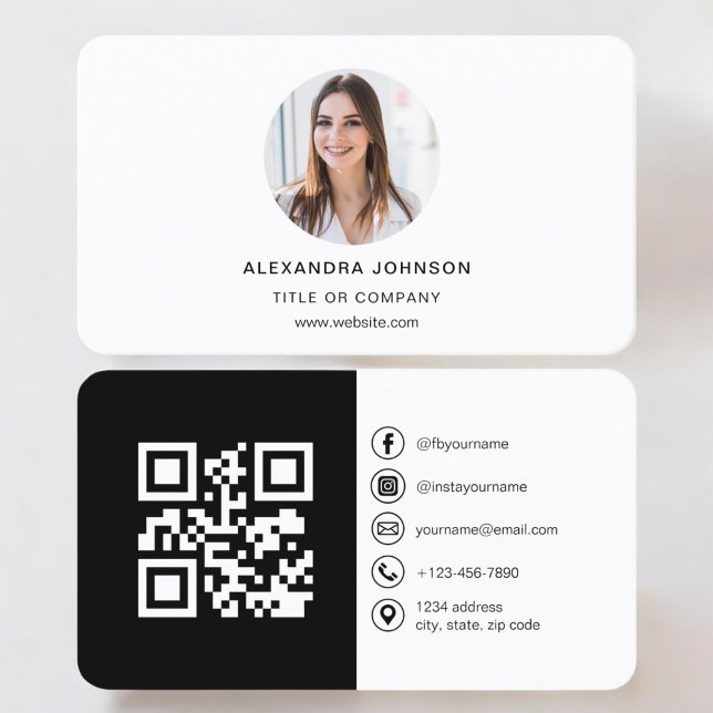 Carte De Visite Photographie moderne en noir blanc avec code QR Mé (Créateur téléchargé)