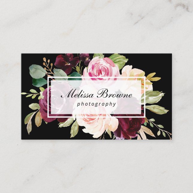 Carte De Visite photographie noir floral à l'aquarelle (Devant)