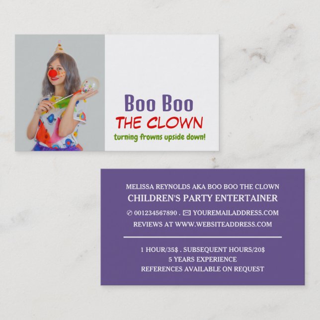 Carte De Visite Photographie personnalisée, Entertainer pour enfan (Devant / Derrière)