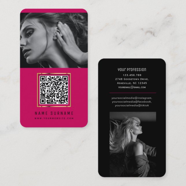 Carte De Visite photos code qr scannable code-barres moderne rose  (Devant / Derrière)