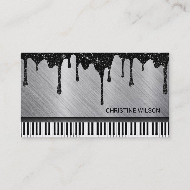 Carte De Visite pianiste argent noir parties scintillant à goutte (Devant)