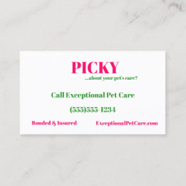 Carte De Visite Picky About Pet's Care ? Pet Sitter rose et vert