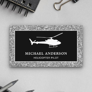 Carte De Visite Pilote d'hélicoptère en argent noir pailleté
