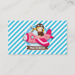 Carte De Visite Pilote fille en avion rose; Bleu et Blancs