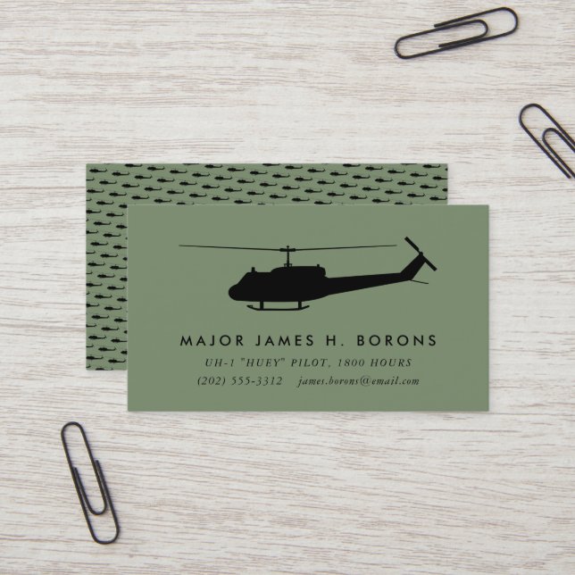 Carte de visite pilote UH-1 Huey vert avec motif (Devant/Arrière en situation)