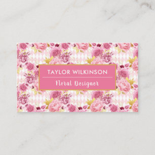 Carte De Visite Pink and Gold Floral Roses with Harlequin Diamonds