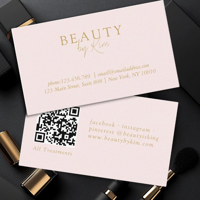 Carte De Visite Pink & Beige-Gold Minimal Élégant, Salon QR Code (Pink & Beige-Gold Minimal Elegant, Salon QR Code Business Card)