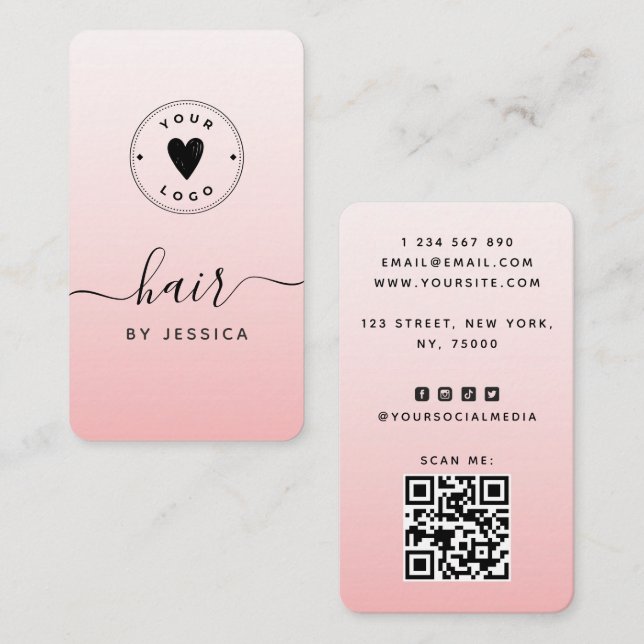 Carte De Visite Pink Blush Girl Cheveux QR Code & Ajouter Votre Lo (Devant / Derrière)