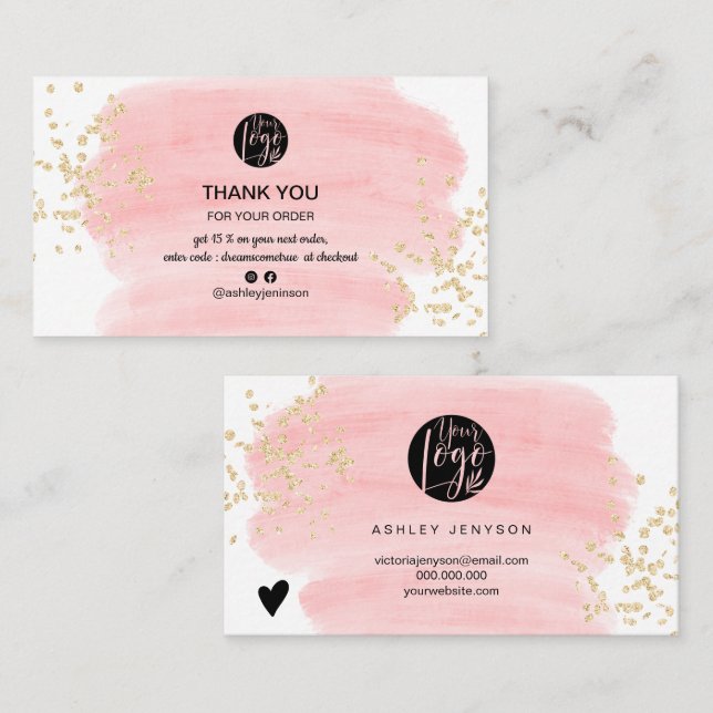 Carte De Visite Pink brushstroke or parties scintillant logo comma (Devant / Derrière)