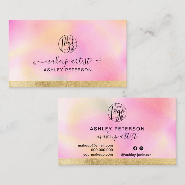 Carte De Visite Pink dégradé doré rayure chic logo maquillage (Devant / Derrière)