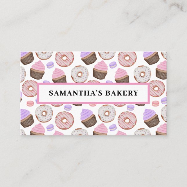 Carte De Visite Pink Donuts Cupcakes Watercolor Bakery (Devant)
