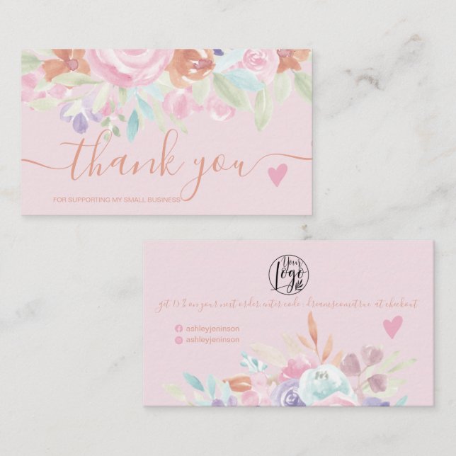 Carte De Visite Pink douce pastel floral aquarelle ordre merci (Devant / Derrière)