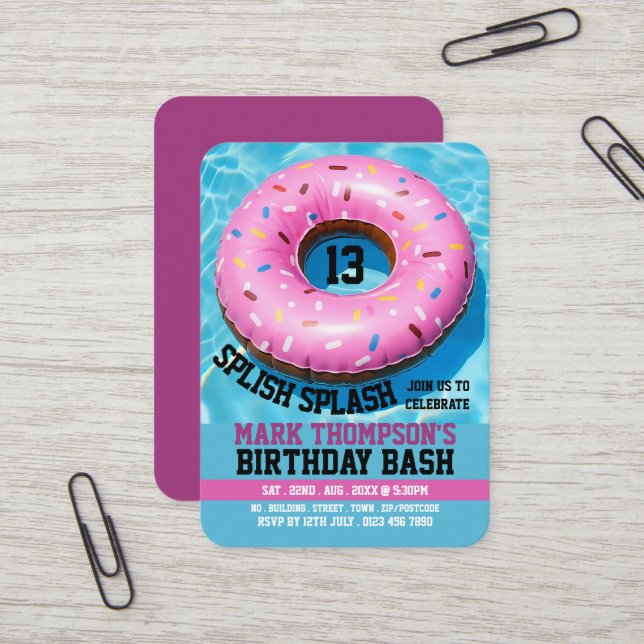 Carte De Visite Pink Doughnut, Pool Party Anniversaire Billets de  (Devant/Arrière en situation)