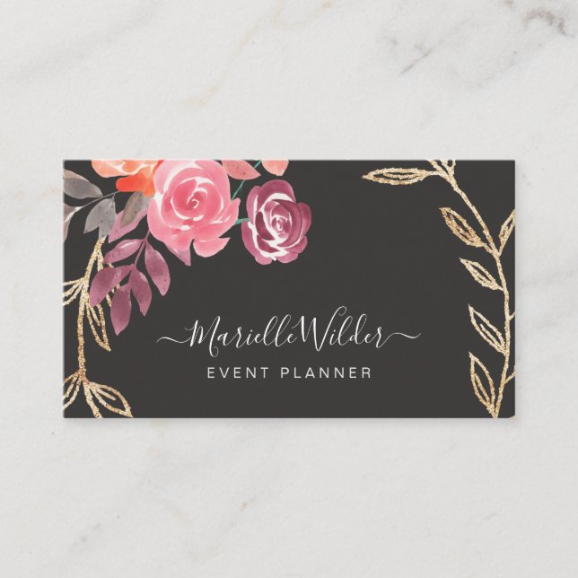 Carte De Visite Pink Et Marsala Floral Gold Folial Planificateur D (Devant)