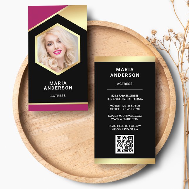 Carte De Visite Pink Gold Foil Modèle Actrice QR Code Photo (Créateur téléchargé)