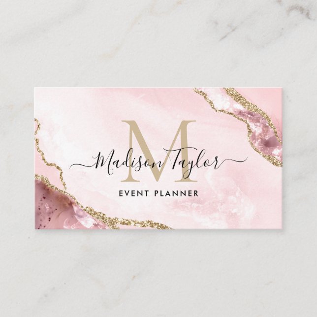 Carte De Visite Pink Gold Parties scintillant Agate Monogramme Evé (Devant)