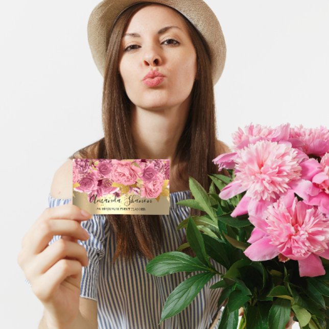 Carte De Visite Pink Gold Roses Flower Logo Planificateur d'événem (Créateur téléchargé)