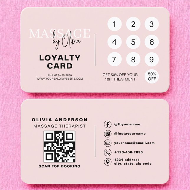Carte De Visite Pink Massage Therapy Loyalty Card with QR Code (Créateur téléchargé)