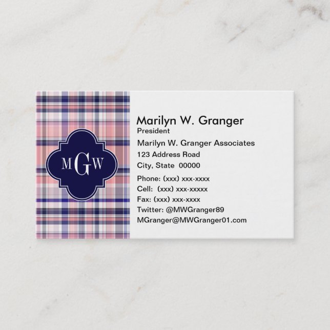 Carte De Visite Pink Navy White Preppy Madras Quatrefoil (Devant)