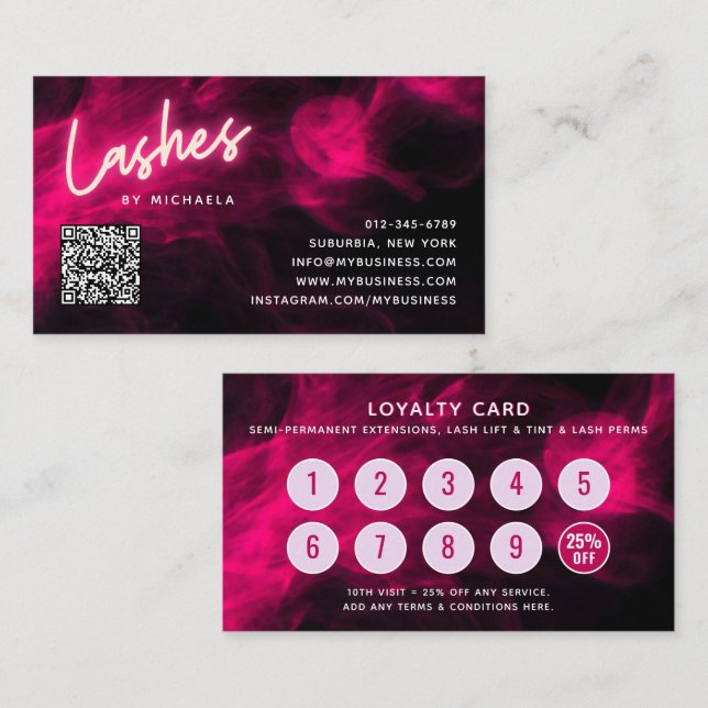 Carte De Visite Pink Neon & Smoke Lash Salon QR Code Loyalty Card (Devant / Derrière)