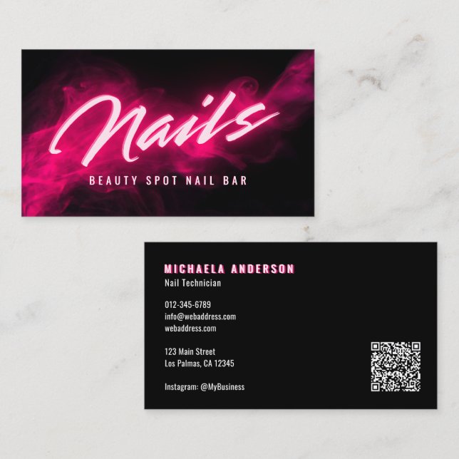 Carte De Visite Pink Neon & Smoke Nail Salon QR Code & Socials (Devant / Derrière)