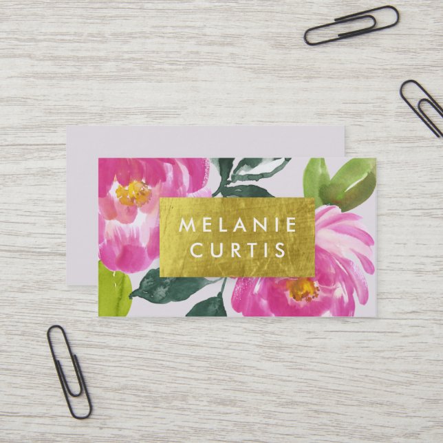 Carte De Visite Pink Peonies Gold Faux Foil (Devant/Arrière en situation)