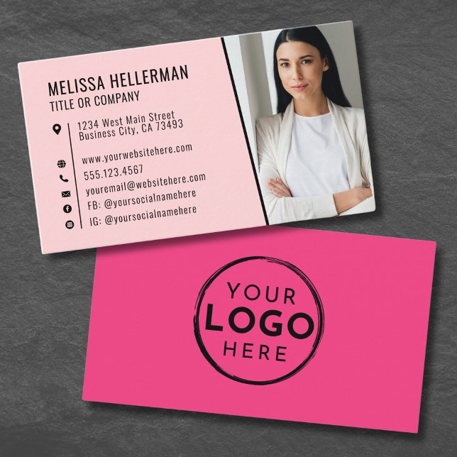 Carte De Visite Pink Photo Logo Professionnel (Girly Hot Pink Photo Logo Professional Business Card)