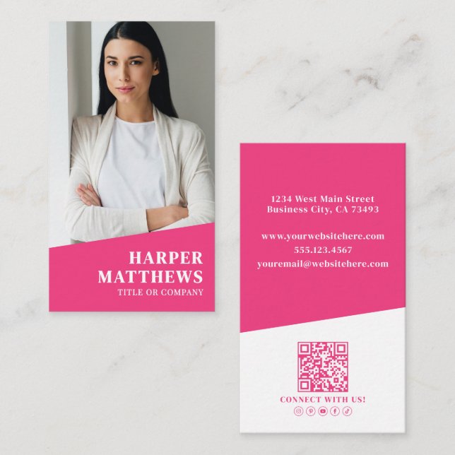 Carte De Visite Pink Photo QR Code Vertical (Devant / Derrière)