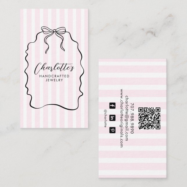 Carte De Visite Pink Pinstripe Ribbon créateur de bijoux (Devant / Derrière)
