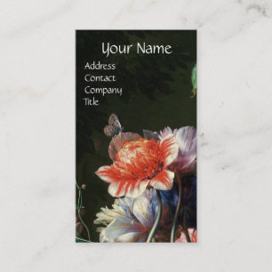 CARTE DE VISITE PINK RED ANEMONES WHITE FLOWERS, BUTTERFLY MONOGRA