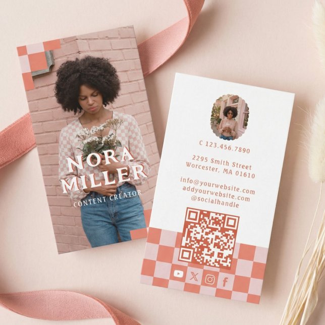 Carte De Visite Pink Retro Checkered Pattern Content Creator Photo (Pink Retro Checkered Pattern Content Creator Photo Business Card)