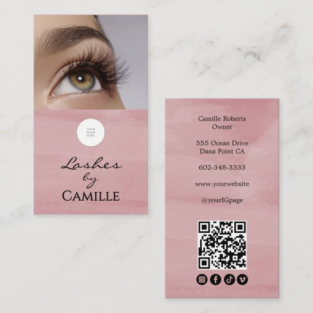 Carte De Visite Pink Script Logo QR Code Photo Lash  (Devant / Derrière)