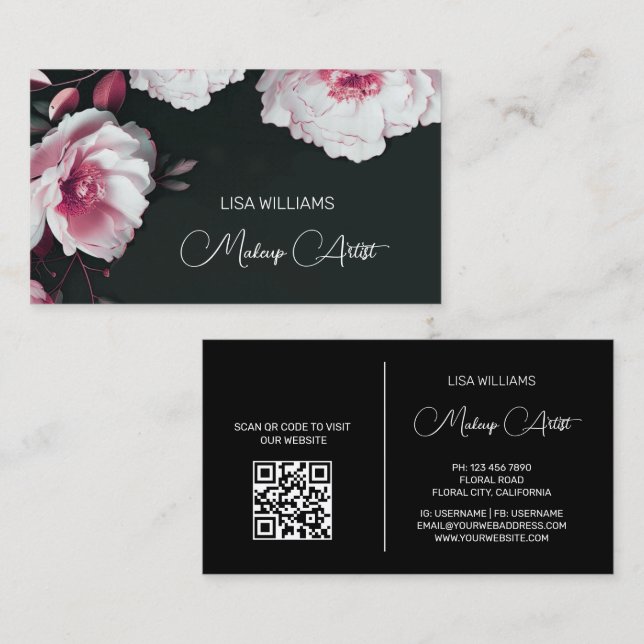 Carte De Visite Pink Shiny Metallic Flower Black (Devant / Derrière)