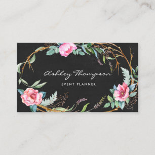Carte De Visite Pink Watercolor Bohemian Floral Wreath Chalkboard